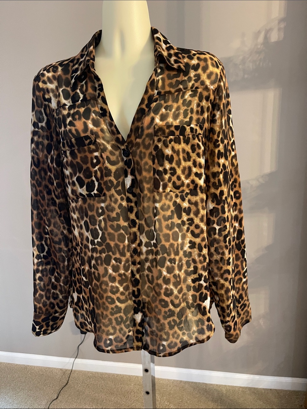 Express Portofino Leopard Print Satin Button-Front Blouse - Brown  EUC